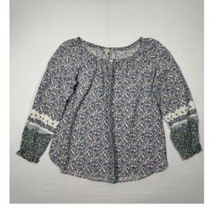 Cottagecore LOFT Floral Peasant Blouse Womens Large Purple Green Long Sleeve